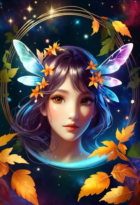 girl autumn dragonfly with four transparent wings wreath of leaves and stars space dawn

