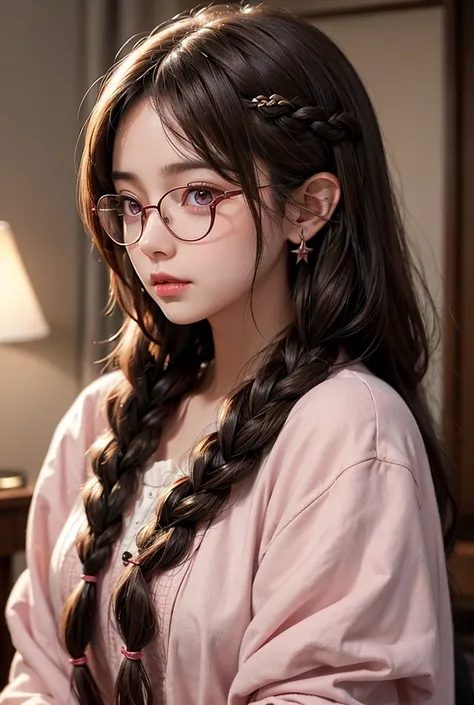 beautiful girl with long brown braid in cute glasses blushing with pointy ears and pink eyes
