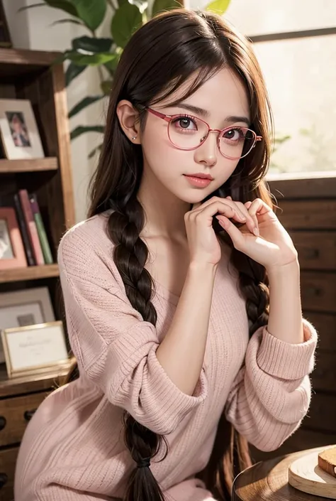 beautiful girl with long brown braid in cute glasses blushing with pointy ears and pink eyes
