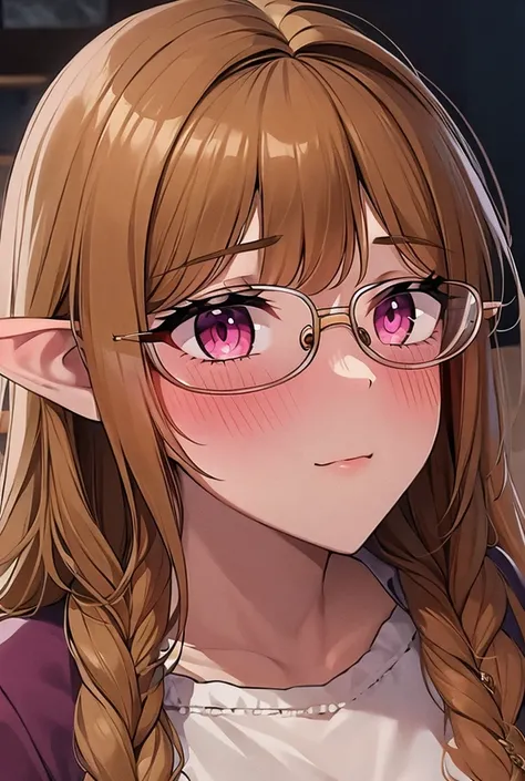 beautiful girl with long brown braid in cute glasses blushing with pointy ears and pink eyes
