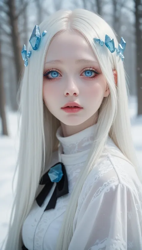 Misaki had white hair, blue crystal eyes, and she was an albino, because the color of her skin was like snow, She always wore very beautiful Japanese makeup, details in the eyes, perfect face, like an angel, she was wearing a short white shirt, short black...