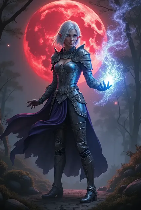 Darkness, blood moon, night, elven warrior, majestic, elf, woman, short platinum hair, pointed ears, lilac eyes, evil smile, in silver armor, legs clad in armor, nature, magic, witchcraft, conjures, magic everywhere, hd