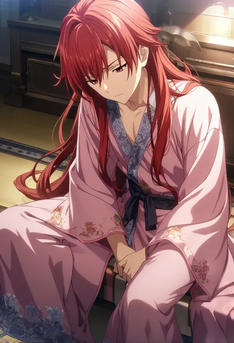 1boy, long hair, red hair, red eyes, granatum silk sleeping robe, handsome, CG, screenshot