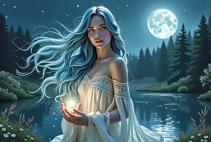 The painting depicts a magician, a dreamlike scene with a celtic young beautiful woman with green eyes standing outdoors at night. Her long blue hair blows gently in the wind, adding a touch of movement to the composition. She is wearing a sheer, flowing w...