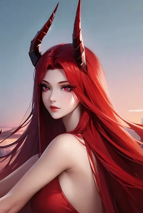 Beautiful girl with long red hair with devil horns with dark eyes with very long eyelashes 