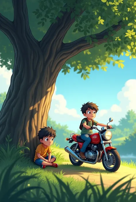 A boy was sitting under a tree and his friend comes with a motor bike and tells the same boy to go for a ride.