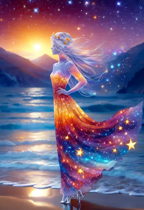  autumn sea waves in the distance mountains lace silver waves stands a beautiful girl in a fabulous autumn star dress in a fabulous star on her head a wreath of stars and leaves colored lace floating nearby stars and dawn