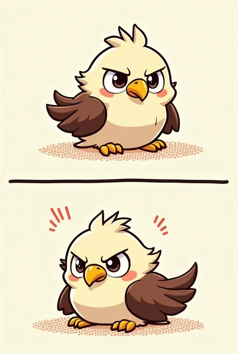 chibi style, Two-panel comic strip, Dot Halftone, Flat Color,eagle,Frowning, Angry, 