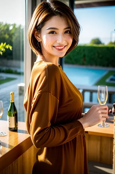 ((8k、masterpiece:1.3))、Shortcuts、cute、slimカップル、Modelカップル、actress男優、(Realistic, Intricate details:1.2), Full course dinner、Wine Party、Amazing view of the sunset sky and clouds、A bright smile、short hair,Bright expression、LD, red wine 、Appetizers、Italian cuis...