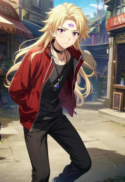 1boy, long hair, blonde hair, 1purple diamond mark on forehead, red jacket, black pants, choker necklace, male, teenage, CG, screenshot