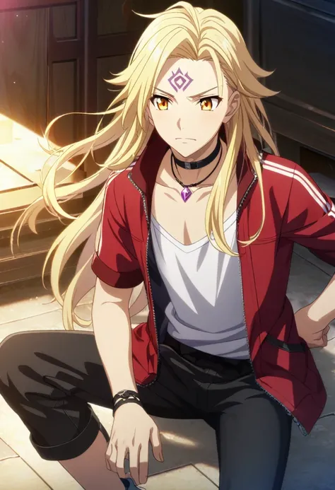 1boy, long hair, blonde hair, golden eyes, 1purple diamond mark on forehead, red jacket, black pants, choker necklace, male, teenage, CG, screenshot