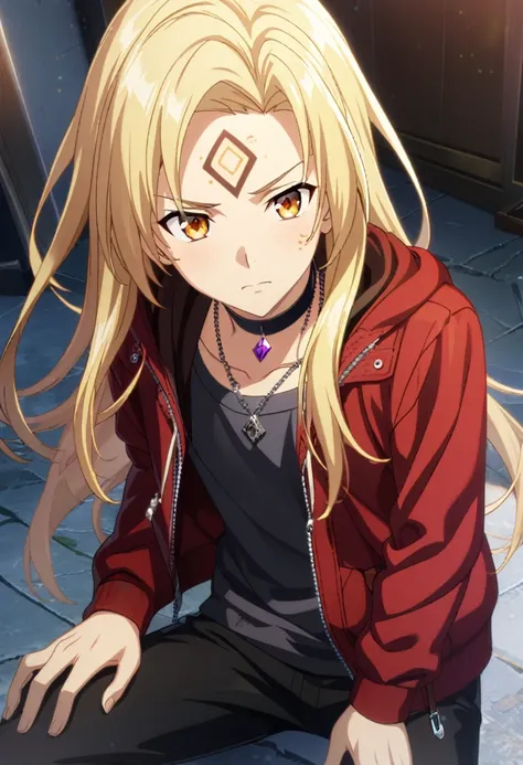 1boy, long hair, blonde hair, golden eyes, 1purple diamond mark on forehead, red jacket, black pants, choker necklace, male, teenage, CG, screenshot