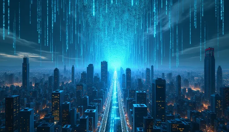 Inverted matrix: An urban landscape where the sky is made up of electric blue lines of code, while the earth remains intact. Buildings appear to float or disintegrate into numbers and programming lines.