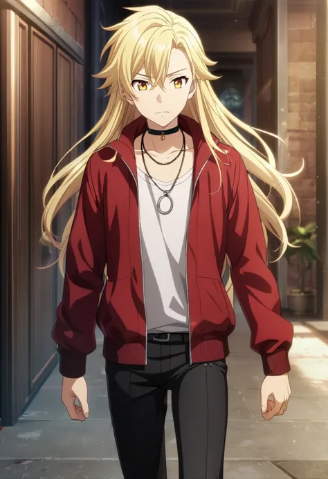 1boy, long hair, blonde hair, golden eyes, red jacket, black pants, choker necklace, male, teenage, CG, screenshot