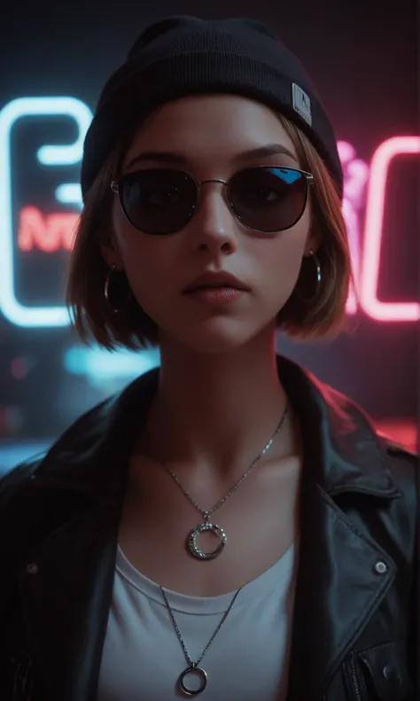 score_9, score_8_up, score_7_up, face close up, alternative girl, watching over black sunglasses, jacket, necklace, neon light reflections on skin, ear ring, makeup, skin imperfection, short hair, beanie, neon lights background, low light, depth of field, ...