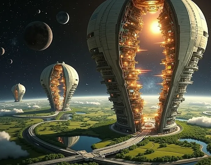 O&#39;Neill-type space colony floating in space、Three huge mirrors open、The interior space offers glimpses of the city, fields, and lake.、masutepiece, Best Quality, Ultra-detailed, finely detail, hight resolution, 8K Wallpaper, Perfect dynamic composition,...