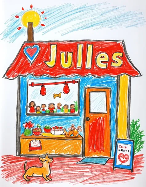 Quaint storefront with colorful awning，Displaying various items for sale，Background with blue sky and fluffy white clouds。A dog resting on the sidewalk，A sign reads &quot;Cold Drinks&quot;，childrens simple drawings, simple graffiti, poor painting skills, c...