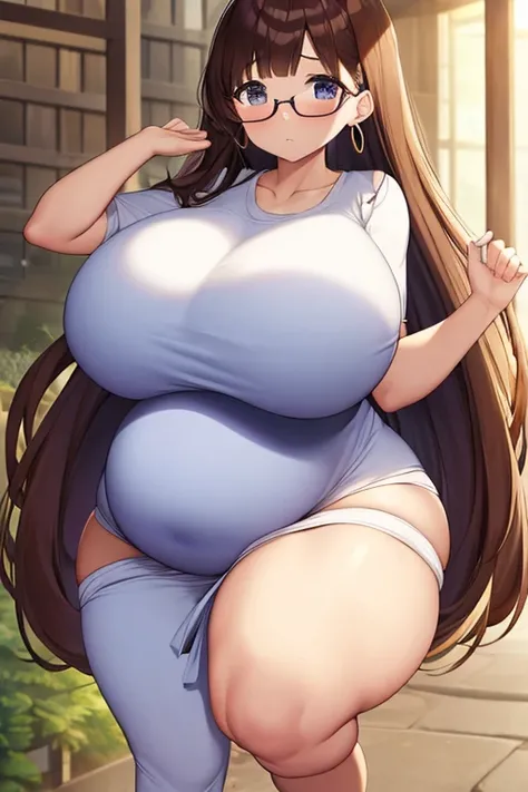 Full body girl, 9 months pregnant, big belly, big breasts, brown eyes, glasses, , shy, earrings,  long hair, , brown hair, tsundere, embarrassed, , best quality,massive ,haul ,belly,thighs and bum, but she’s so heavily pregnant that her bum  thighs and sto...