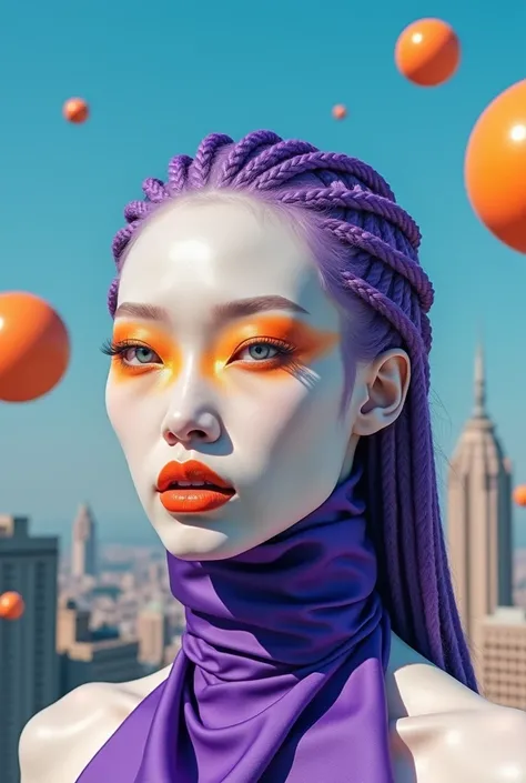 This image presents a striking and surreal portrait. The Korean woman has extremely pale, almost white skin with bold, metalic Orange makeup. Their hair is a vibrant purple color, styled in thick, rope-like dreadlocks or braids. The eyes appear to be a ver...