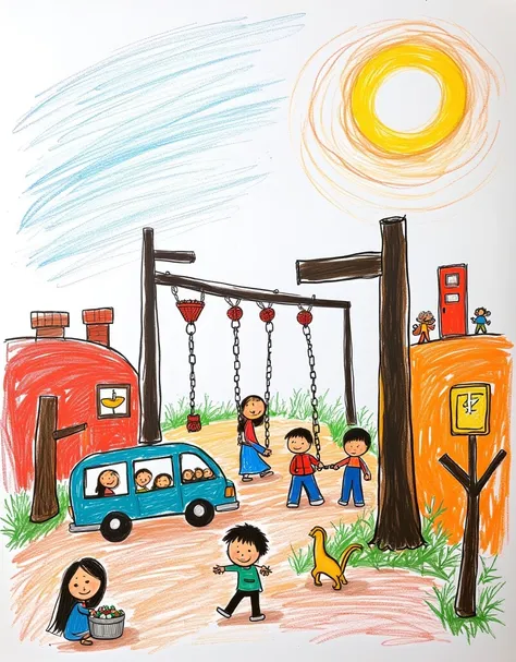 sketched style,children's stick figures,expressed in soft colors,a bustling city scene with children playing cars driving and bu...