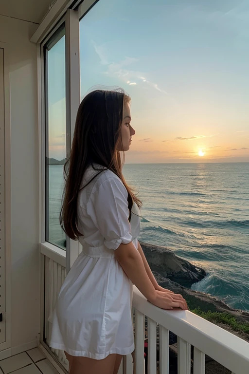 beautiful girl looking at the sea and horizon