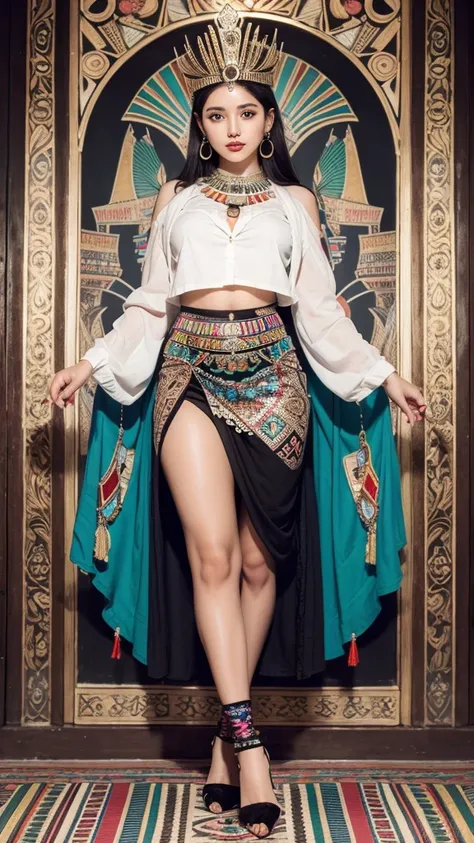 Beautiful Aztec goddess of death Aztec Beautiful, full body, head to feet full body photography, long skirt:1.2, open at side skirt, Pantyhose, egyptian crown, pleated, multicolored clothing, skinny woman, fashion random shirt, multicolor clothing mandala ...