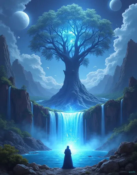 enchanteur, paysage fantastique, paysage d&#39;un autre monde, cascade incandescente, lumière bleue éthérée, Arbre imposant, toile de fond cosmique, couleurs vives, relief montagneux, eau réfléchissante, atmosphère sereine, ciel de nuit, planètes lointaine...