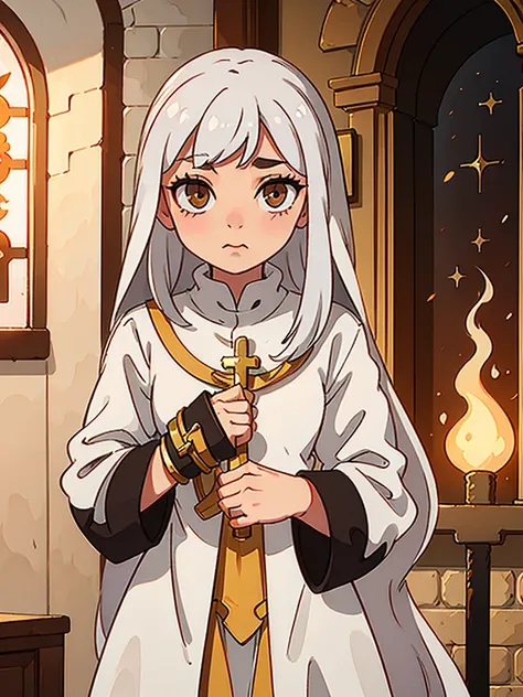 cookierun, nun,cute,white hair,long straight hair,tan skin,golden eyes,church background, holding bible,girl