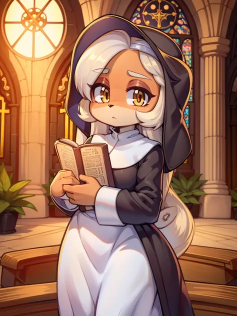 cookierun, nun,cute,white hair,long straight hair,tan skin,golden eyes,church background, holding bible,girl