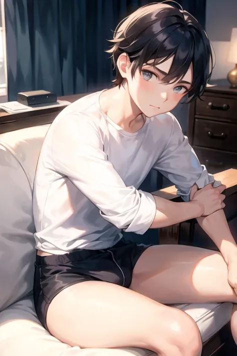 a boy sitting in a living room, wearing a white sleeve shirt and black panty, cute+soft, beautiful