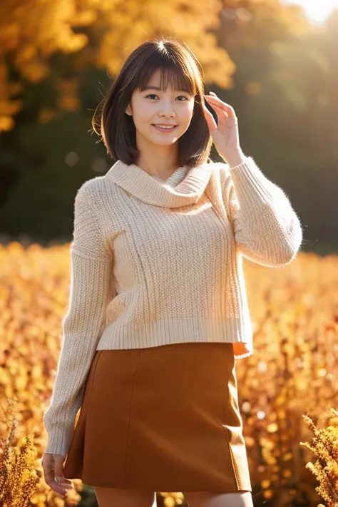 (masutepiece), (Best Quality), Realistic, Photorealism, 1girl, Beautiful woman, Perfect face, Perfect body、(Fashionable autumn clothes) , (light smile:0.3 ), medium breast, give someone a little wave, Early morning sunlight, Her skirt flutters in the stron...