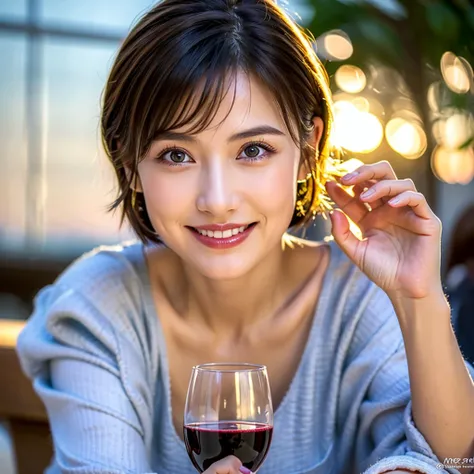 (Realistic, 超Realistic:1.4), 16K HDR, High resolution,(Wine Glasses),(Wine bottle),(Champagne glasses),Age 33,2,Happy smile、short hair,The best smile、Japanese actress,so beautiful(It looks like the real thing),Cocktail Dresses、red wine、White Wine、Sparkling...