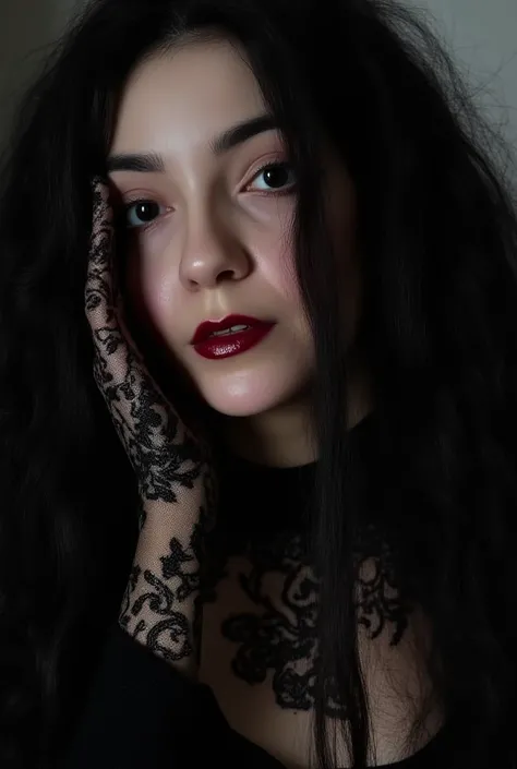 under pale moonlight insane detail, insane cinematic morbid of a goth, her lace gloves black with patterns, caressing her lips tracing along her face, biting her bleak curls beckoning to flow cascading her touch is soft delicate and elegantly sensual her (...