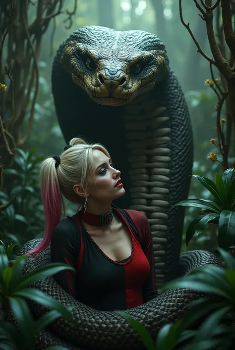 Harley Quinn is wide-eyed and paralyzed as she is being entangled and hypnotized by the gaze of Kaa (the snake from the Jungle Book).