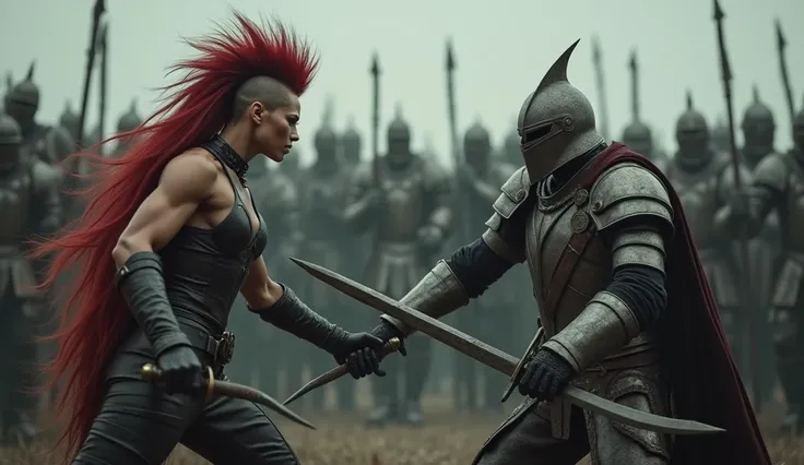 Dark fantasy, horror, panoramic view, dueal scene, a woman barbarian with a mohawk hairstyle and long hair in back , redhead, wearing a minimal leather suit, holding a sword in aone hand and a dagger in the second hand, fight with enemy knight who hold swo...