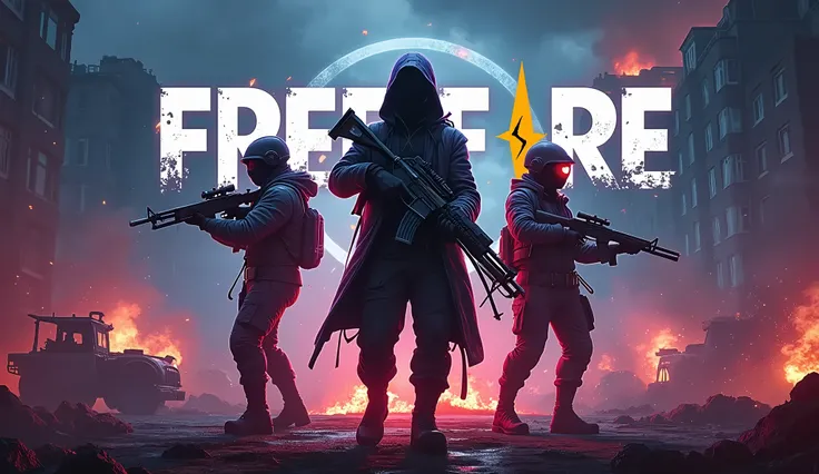 
"A high-energy, visually striking Free Fire tournament banner with a bold, action-packed atmosphere. The design features intense, dramatic lighting with a dark background, giving a sense of excitement and urgency. At the center, two or three battle-ready ...