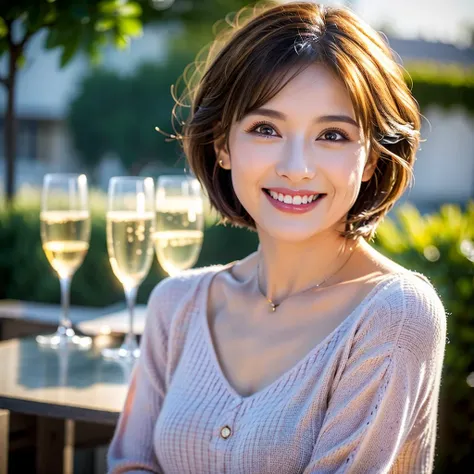 (Realistic, 超Realistic:1.4), 16K HDR, High resolution,(Wine Glasses),(Wine bottle),(Champagne glasses),Age 33,2,Happy smile、short hair,The best smile、Japanese actress,so beautiful(It looks like the real thing),Cocktail Dresses、red wine、White Wine、Sparkling...