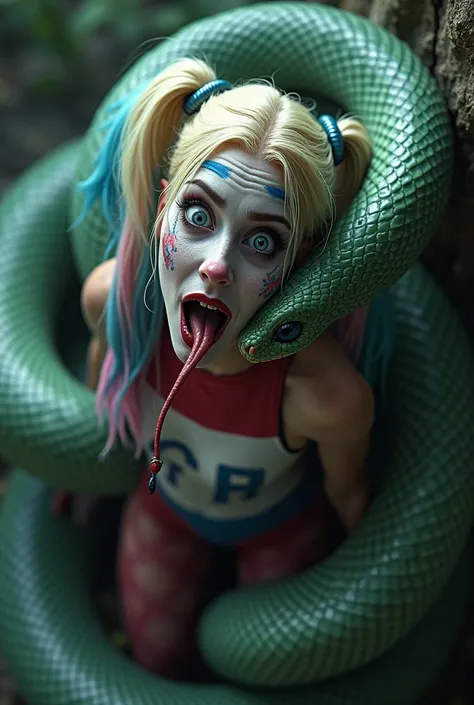 Full-body shot of Harley Quinn is wide-eyed and paralyzed as she is being entangled and hypnotized by the gaze of Kaa (the snake from the Jungle Book). As the snake contricts her body, she begins transforming into a snake woman. Her legs fuse together and ...