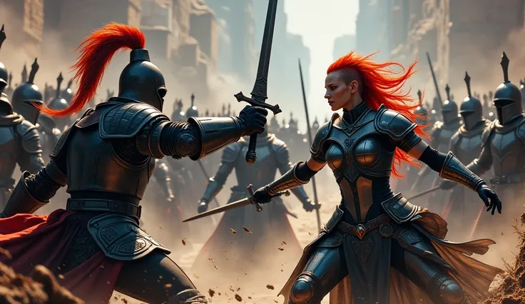 Dark fantasy, horror, panoramic view, dueal scene, a woman barbarian with a mohawk hairstyle, redhead, wearing a minimal leather suit, holding a sword in one hand and a dagger in the second hand, fight with enemy knight who hold sword and shield, dynamic a...