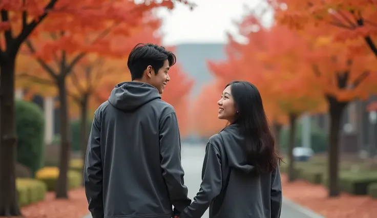 (In front of the house, in front of the door),Photo taken in,colored leaves,The background is an autumn street corner.,seoul,Full body photo,Create a captivating depiction of autumn, fiery red maple,Beautiful woman and man wearing dark gray k2 mountaineeri...