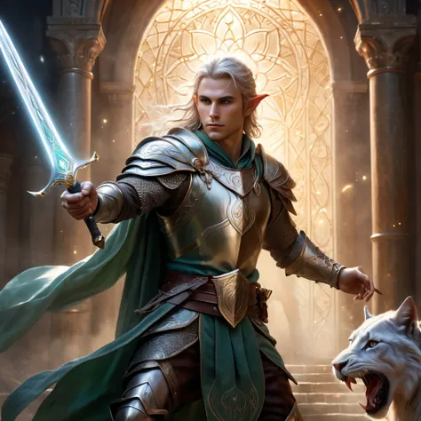 Masterpiece, Extremely detailed, best quality, photorealistic, magnificent, celestial, ethereal, epic, majestic, magical, fantasy art, cover art, dreamy, full body shot, BREAK, ethereal fantasy concept art of a brave male elf dnd warrior., sword in right h...