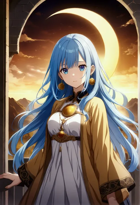 1 girl, light blue hair, long hair, blue eyes, gold sun-shaped earrings, CG