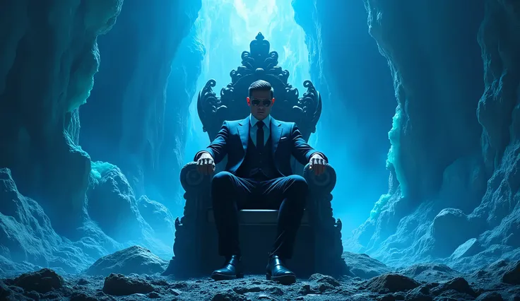 Sitting on the throne,Wear a suit,cool,The background is a volcano.,Blue Volcano,Crystal Mineral