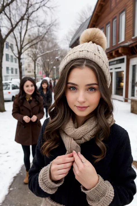 beautiful brunette with brunette highlights wearing a winter clothing, with friends highly detailed, 2, innocent face, natural wavy hair, hazel eyes, Beauty 1 people, 1 people beauties, Casual clothes, A hyper-realistic, Distracted expression snow street h...