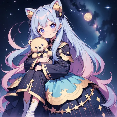 starの妖精、Full body Front portrait、Front、Front facing the viewer、One girl,Best Quality、masterpiece、Official Art、Super detailed、Very beautiful、Cute starの妖精、Gray Hair、Straight long hair、milky way、universe、star charm、star、baby face、Knee-high boots、Giant stuffed...