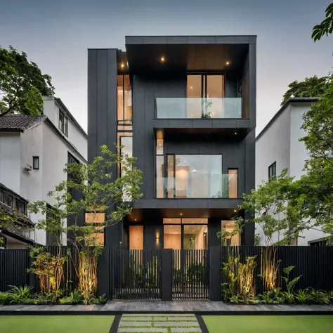 the house in the photo has a modern design with a vertical structure and uses dark materials.. the highlight is the green areas ...