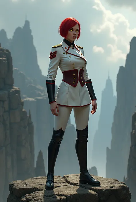 ((Highest resolution)), ((distinct_image)), ((masterpiece)), ((ultra-detailed, semi-realistic)), inspired by the aesthetic of Dishonored 2, a very beautiful woman standing solo with a normal, handsome stance. She has short red hair and golden eyes with an ...