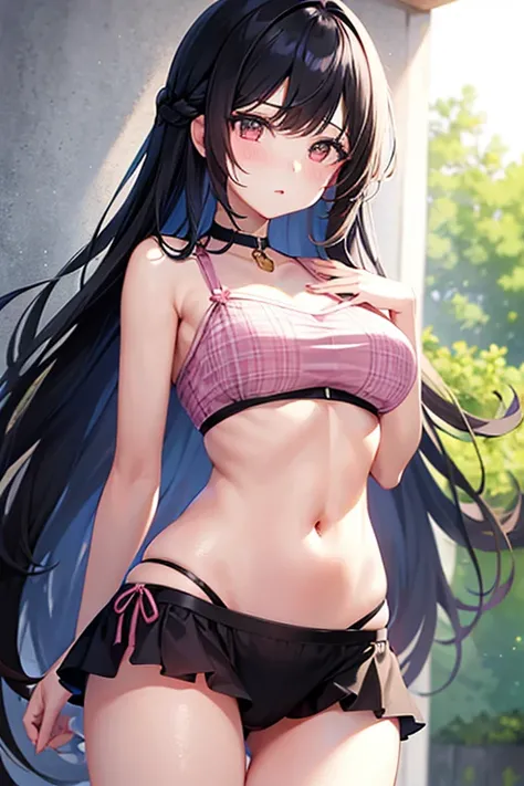 One girl, Black Hair, Long Hair,  chest, 大きなchest, Anime Style, Pink underwear,大きなchest, 