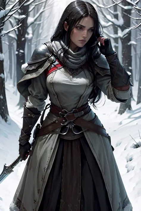 Assassins Creed Brotherhood - Medieval skirmish with Jennifer Carpenter looks like as warrior (black hair, reinesance italy inspired dress) in the dense forest. Heavy snow blizzard. Holding lance.
