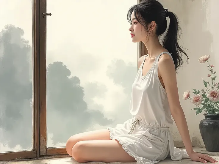 Ink style painting，The blank part is smudged with ink，A beautiful Chinese woman wearing a white casual skirt，Looking at the scenery outside the window，A look of relief and relaxation，Let go of your worries and look calm
